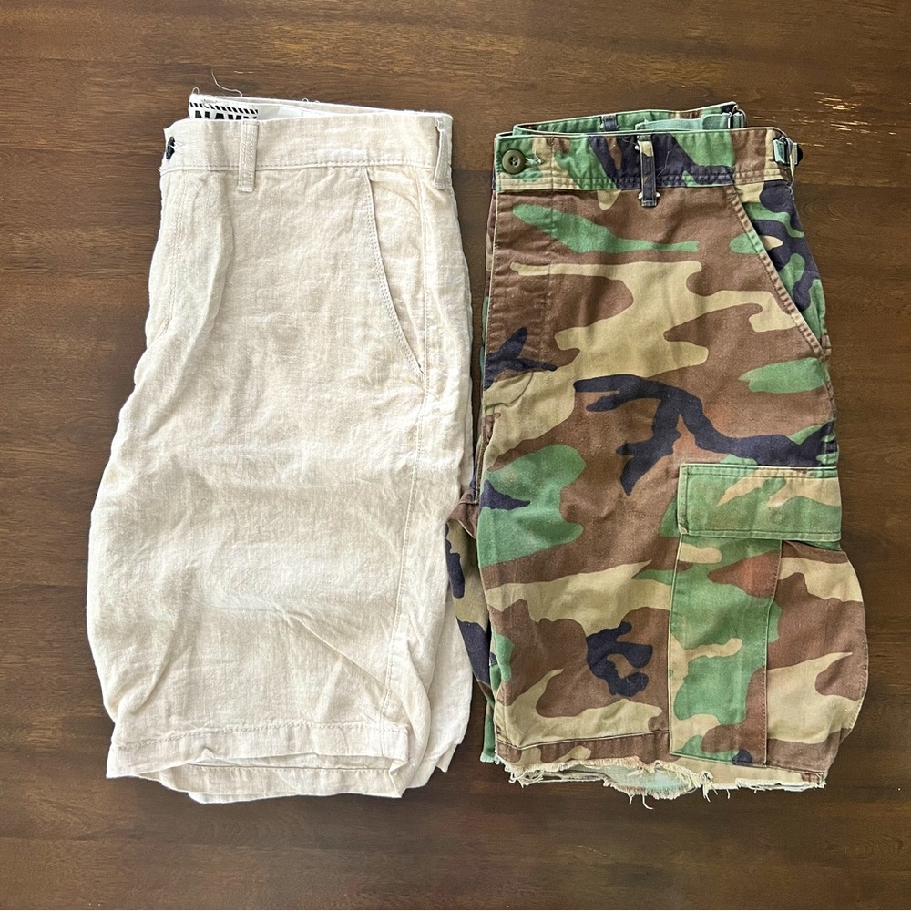 2 Pair: Men's Beige Linen Shorts and Military Camouflage Cargo Shorts size 34